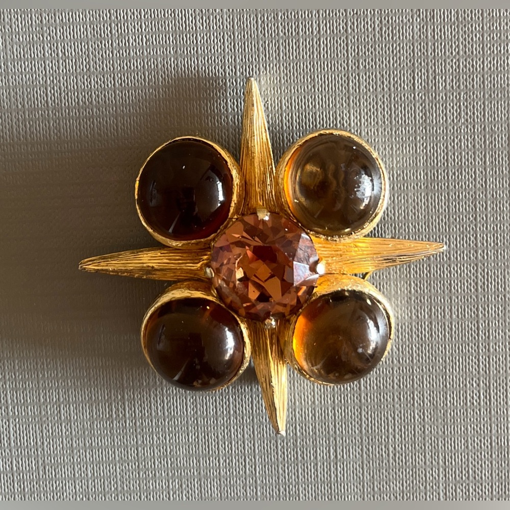 Vintage Benedikt NY Maltese cross brooch, with faceted amber glass stones .